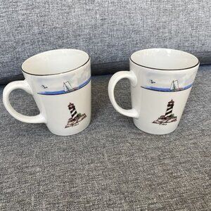 TODAYS HOME COASTAL LIGHTHOUSE COFFEE TEA MUGS CUPS SET OF 2 NAUTICAL